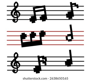 musical composition pixel vector. Set of notes and treble clef. Musical notes arranged on staff lines showcasing creativity and rhythm in a minimalist style