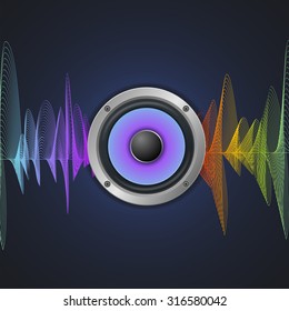 Musical Concept. Audio Speaker and Equalizer on Dark Background. Vector illustration