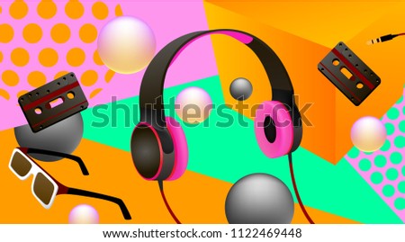 Musical concept. Headphones and cassettes hovering  in the air, vector illustration