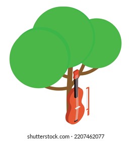 Musical concept icon isometric vector. Wooden violin with bow under green tree. Art, culture, pastime