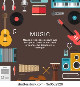 Musical Concept. Vector Illustrations of Musical Instruments and Icons in Flat Design Style for Web Banners or Promotional Materials