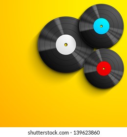 Musical concept with vinyl disc on yellow background.