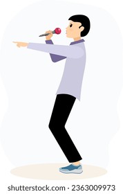 Musical concert. Boy with black hair and microphone sings in a karaoke club or recording studio.