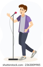 Musical concert. Boy with brown hair and microphone sings in a karaoke club or recording studio.