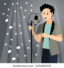 Musical concert. A curly-haired man sings on a gray background with spotlights, stars and notes.