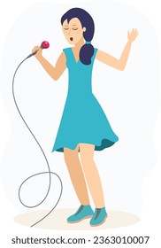 Musical concert. Cute girl in a dress and with a microphone sings in a karaoke club or recording studio.