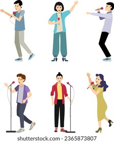 Musical concert. Emotional men and women with microphones singing on a white background.