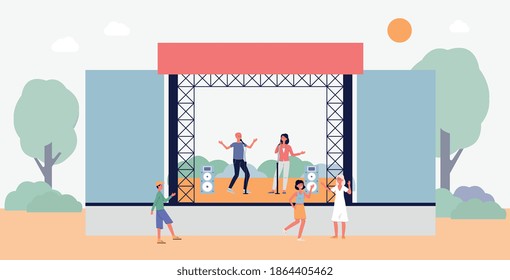 A musical concert, festival, performance or an open air party. Vector illustration with musicians performing on stage and people dancing outdoor. A banner in flat style.