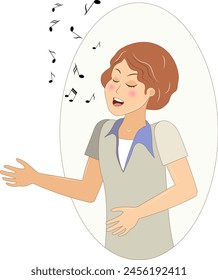 Musical concert. A girl with brown hair sings in a gray circle. 