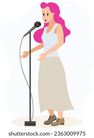 Musical concert. Girl with long pink hair and microphone sings in a karaoke club or recording studio. 