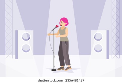 Musical concert. Girl with short pink hair and with a microphone sings on stage. Vector illustration