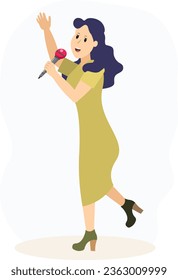 Musical concert. Girl singing and dancing with a microphone  in a karaoke club or recording studio.