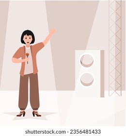 Musical concert. The girl stands on a star and sings on a brown stage. Vector illustration 