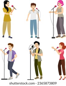 Musical concert. Men and women with microphones singing on a white background. 