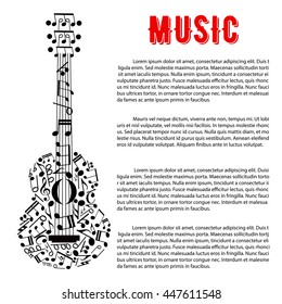 Musical concert poster or entertainment event announcement design with silhouette of acoustic guitar composed of musical notes and stave, treble and bass clefs