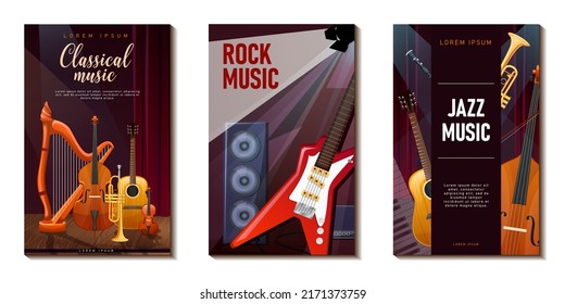 Musical concert poster. Festival jazz, classic, rock music live sound. Flyer with music instruments. Guitar, cello, harp, trumpet, violin, electric or bass guitar voice speakers. Vector illustration