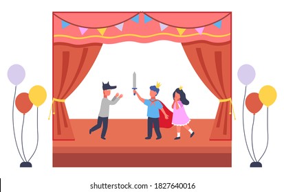 Musical concert in school. Children's theatrical performance on the stage in modern kindergarten, kid spectacle. Children in costumes of a wolf, a knight and a princess perform on stage play roles