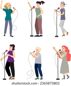Musical concert. Set of karaoke singers with microphones on a white background.