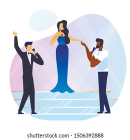 Musical Concert, Show Flat Vector Illustration. Young Woman in Elegant Dress and Men in Tuxedo Cartoon Characters. Professional Female Artist, Singer with Backing Vocals. Talented Trio Performing Song