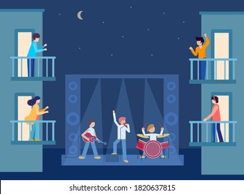 Musical concert under the balconies of houses, offices, hotels during quarantine. Open stage on city street. People on balconies clapping to musicians. Social distance. Vector illustration