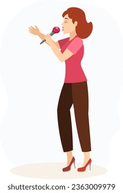 Musical concert. Woman in red t-shirt with microphone sings in a karaoke club or recording studio.