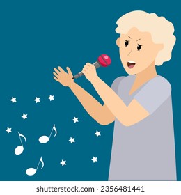 Musical concert. A young man with blond hair sings on a blue background. Vector illustration