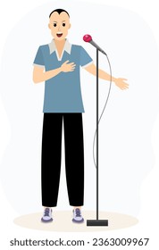 Musical concert.Young man with a microphone looks ahead and sings in a karaoke club or recording studio. 