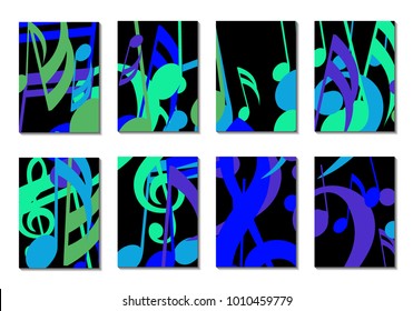 Musical Covers. Set of 8 Music Backgrounds with Notes, Bass and Treble Clefs. Cover Templates with Musical Signs for Cards,Posters, Brochures, Disks. Editable Backgrounds with Clipping Mask. Vector.