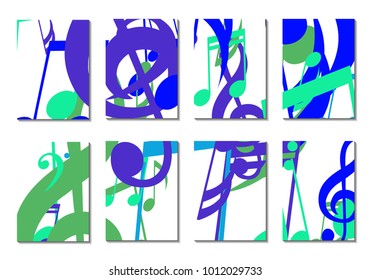 Musical Covers. Set of 8 Music Backgrounds with Notes, Bass and Treble Clefs. Cover Templates with Musical Signs for Cards,Posters, Brochures, Disks. Editable Backgrounds with Clipping Mask. Vector.