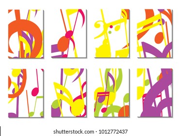 Musical Covers. Set of 8 Music Backgrounds with Notes, Bass and Treble Clefs. Cover Templates with Musical Signs for Cards,Posters, Brochures, Disks. Editable Backgrounds with Clipping Mask. Vector.