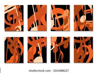 Musical Covers. Set of 8 Music Backgrounds with Notes, Bass and Treble Clefs. Cover Templates with Musical Signs for Cards,Posters, Brochures, Disks. Editable Backgrounds with Clipping Mask. Vector.