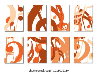 Musical Covers. Set of 8 Music Backgrounds with Notes, Bass and Treble Clefs. Cover Templates with Musical Signs for Cards,Posters, Brochures, Disks. Editable Backgrounds with Clipping Mask. Vector.