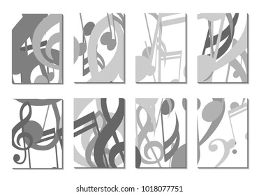 Musical Covers. Set of 8 Music Backgrounds with Notes, Bass and Treble Clefs. Cover Templates with Musical Signs for Cards,Posters, Brochures, Disks. Editable Backgrounds with Clipping Mask. Vector.
