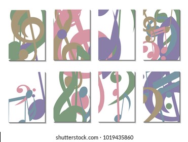 Musical Covers. Set of 8 Music Backgrounds with Notes, Bass and Treble Clefs. Cover Templates with Musical Signs for Cards,Posters, Brochures, Disks. Editable Backgrounds with Clipping Mask. Vector.