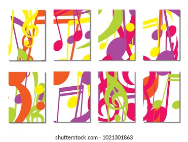 Musical Covers. Set of 8 Music Backgrounds with Notes, Bass and Treble Clefs. Cover Templates with Musical Signs for Cards,Posters, Brochures, Disks. Editable Backgrounds with Clipping Mask. Vector.