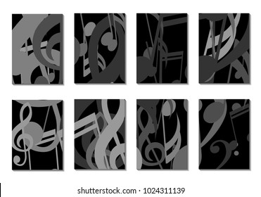 Musical Covers. Set of 8 Music Backgrounds with Notes, Bass and Treble Clefs. Cover Templates with Musical Signs for Cards,Posters, Brochures, Disks. Editable Backgrounds with Clipping Mask. Vector.