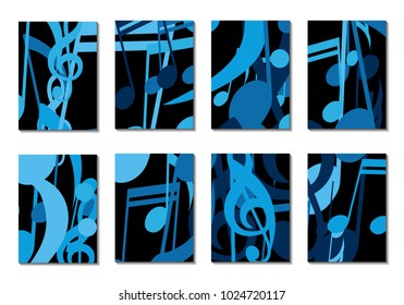 Musical Covers. Set of 8 Music Backgrounds with Notes, Bass and Treble Clefs. Cover Templates with Musical Signs for Cards,Posters, Brochures, Disks. Editable Backgrounds with Clipping Mask. Vector.