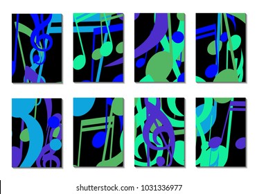Musical Covers. Set of 8 Music Backgrounds with Notes, Bass and Treble Clefs. Cover Templates with Musical Signs for Cards,Posters, Brochures, Disks. Editable Backgrounds with Clipping Mask. Vector.