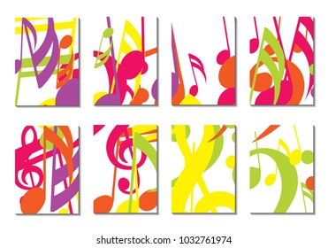 Musical Covers. Set of 8 Music Backgrounds with Notes, Bass and Treble Clefs. Cover Templates with Musical Signs for Cards,Posters, Brochures, Disks. Editable Backgrounds with Clipping Mask. Vector.