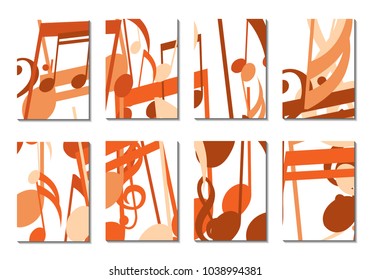 Musical Covers. Set of 8 Music Backgrounds with Notes, Bass and Treble Clefs. Cover Templates with Musical Signs for Cards,Posters, Brochures, Disks. Editable Backgrounds with Clipping Mask. Vector.