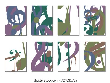 Musical Covers. Set of 8 Music Backgrounds with Notes, Bass and Treble Clefs. Cover Templates with Musical Signs for Cards,Posters, Brochures, Disks. Editable Backgrounds with Clipping Mask. Vector.