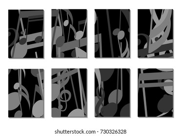 Musical Covers. Set of 8 Music Backgrounds with Notes, Bass and Treble Clefs. Cover Templates with Musical Signs for Cards,Posters, Brochures, Disks. Editable Backgrounds with Clipping Mask. Vector.