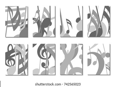 Musical Covers. Set of 8 Music Backgrounds with Notes, Bass and Treble Clefs. Cover Templates with Musical Signs for Cards,Posters, Brochures, Disks. Editable Backgrounds with Clipping Mask. Vector.