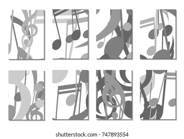 Musical Covers. Set of 8 Music Backgrounds with Notes, Bass and Treble Clefs. Cover Templates with Musical Signs for Cards,Posters, Brochures, Disks. Editable Backgrounds with Clipping Mask. Vector.