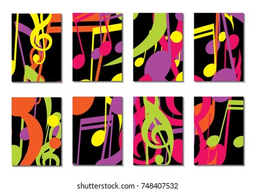 Musical Covers. Set of 8 Music Backgrounds with Notes, Bass and Treble Clefs. Cover Templates with Musical Signs for Cards,Posters, Brochures, Disks. Editable Backgrounds with Clipping Mask. Vector.