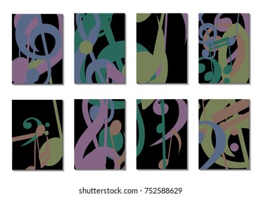 Musical Covers. Set of 8 Music Backgrounds with Notes, Bass and Treble Clefs. Cover Templates with Musical Signs for Cards,Posters, Brochures, Disks. Editable Backgrounds with Clipping Mask. Vector.