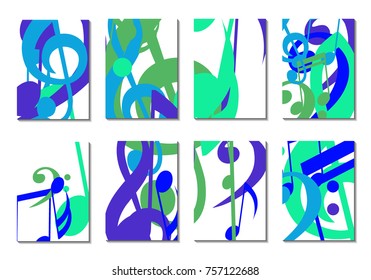 Musical Covers. Set of 8 Music Backgrounds with Notes, Bass and Treble Clefs. Cover Templates with Musical Signs for Cards,Posters, Brochures, Disks. Editable Backgrounds with Clipping Mask. Vector.