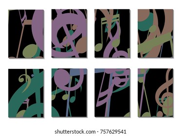 Musical Covers. Set of 8 Music Backgrounds with Notes, Bass and Treble Clefs. Cover Templates with Musical Signs for Cards,Posters, Brochures, Disks. Editable Backgrounds with Clipping Mask. Vector.