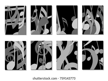 Musical Covers. Set of 8 Music Backgrounds with Notes, Bass and Treble Clefs. Cover Templates with Musical Signs for Cards,Posters, Brochures, Disks. Editable Backgrounds with Clipping Mask. Vector.