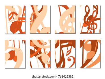 Musical Covers. Set of 8 Music Backgrounds with Notes, Bass and Treble Clefs. Cover Templates with Musical Signs for Cards,Posters, Brochures, Disks. Editable Backgrounds with Clipping Mask. Vector.